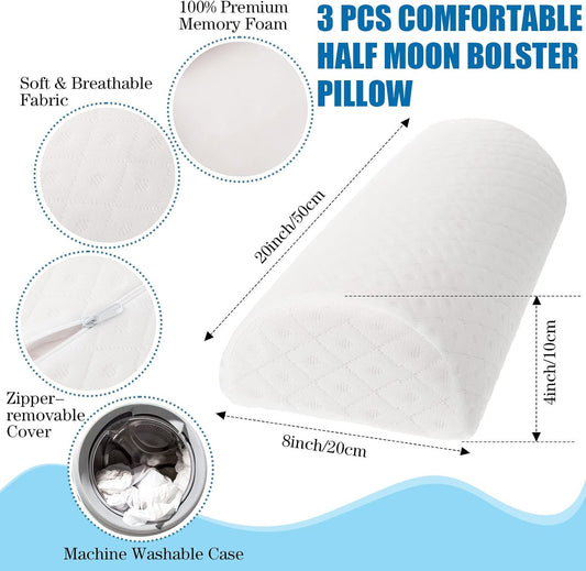 Maitys 3 Pcs Half Moon Bolster Pillow for Legs Memory Foam Leg Pillows for Sleeping Knee Neck Lumbar Support Back and Head Semi Roll for Ankle, Foot Comfort, Pregnant, Recovery, Washable Cover