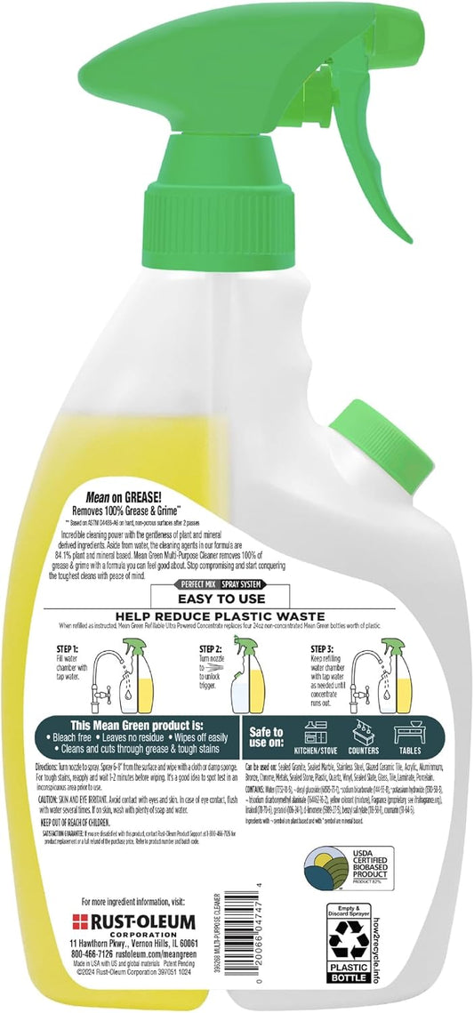 Mean Green Refillable Ultra Powered Multi-Purpose Cleaner Concentrate, Citrus & Green Tea, 14.3 fl oz – Plant & Mineral Based, Cuts Through Grease & Grime, Refillable Bottle Makes 4X Refills