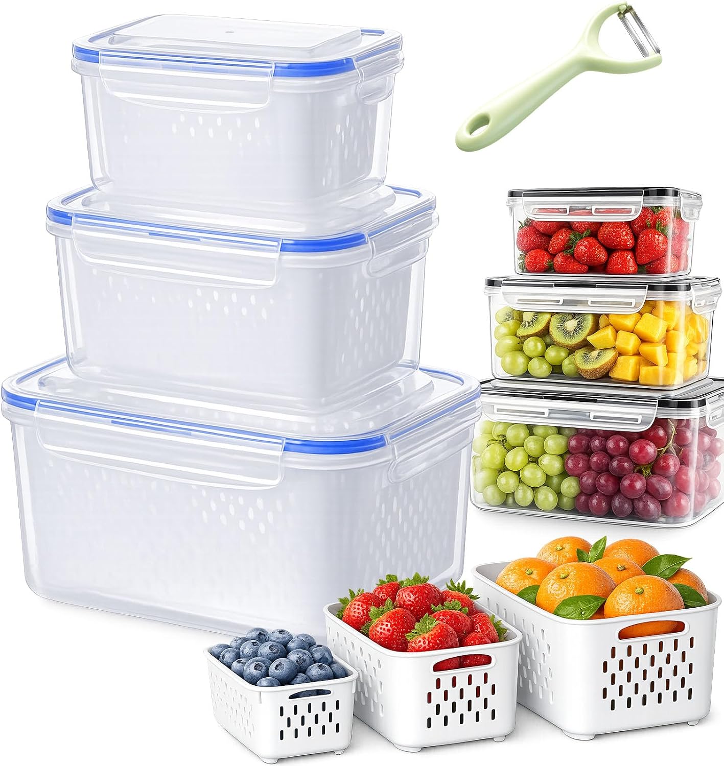 Fruit Storage Containers for Fridge, 4-in-1 Leakproof Produce Saver with Removable Colander, Berry Keeper & Lettuce Organizer Keep Vegetables Fresh Longer - Wash, Drain & Store (Blue,S)