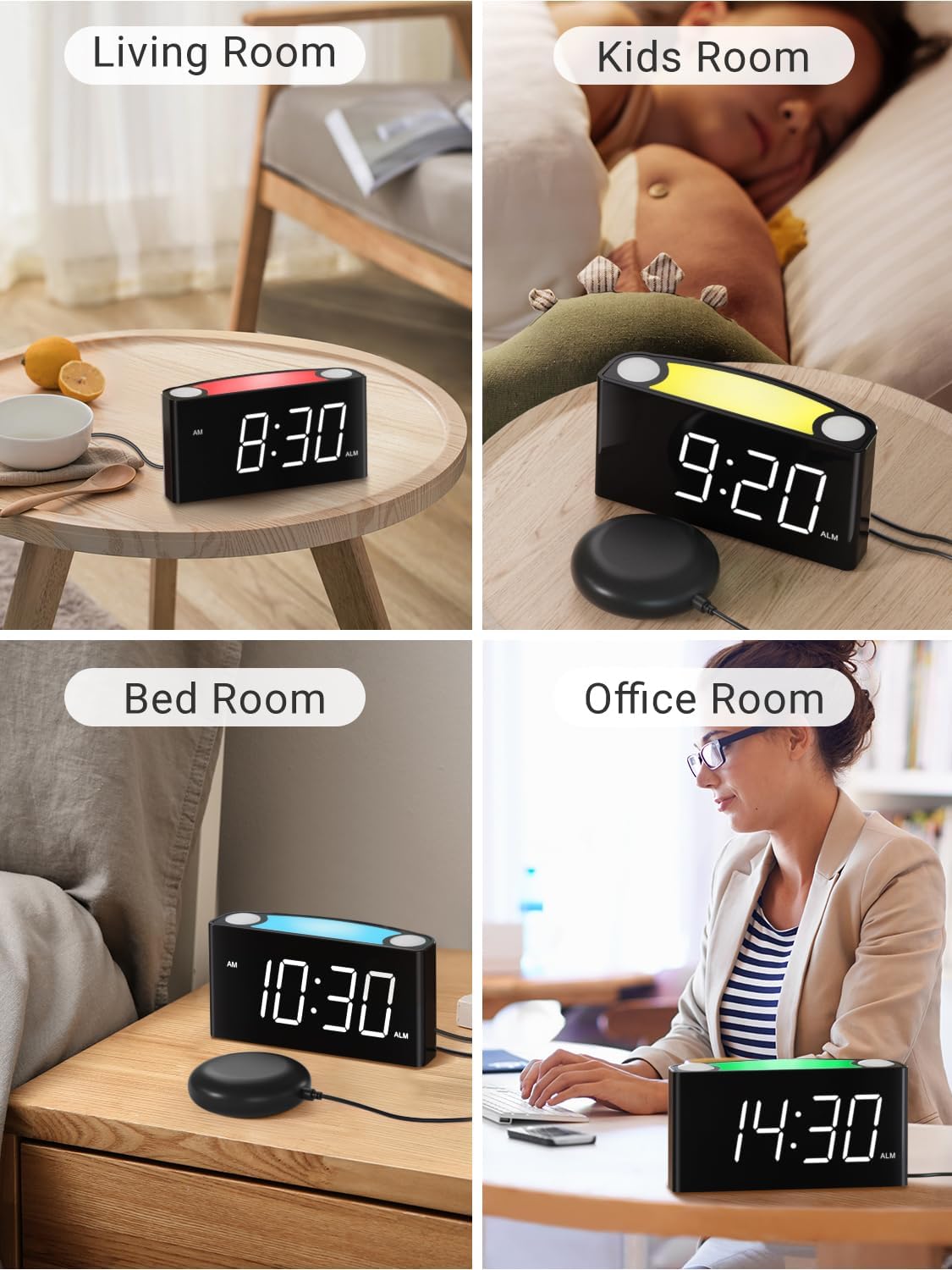 Extra Loud Vibrating Alarm Clock with Bed Shaker for Heavy Sleeper Deaf Hard of Hearing, Large LED Display Digital Clock for Bedroom,Dimmer,Night Light,USB Phone Charger,Battery Backup,Senior Teen Kid
