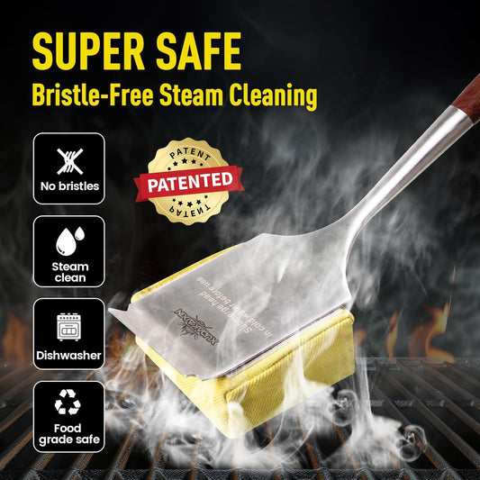 Bristle-Free Steam Cleaning Grill Brush Kit – Luxurious Long Rosewood Handle, Includes 1 Replacement Head – Safe BBQ Grill Cleaning for Outdoor Grill – Great Gift for Men/Dad