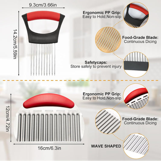 Onion Holder for Slicing, Stainless Steel Guide with French Fry Cutter | Onion holder for slicing guides even cuts and helps protect fingers; includes a wavy cutter for fries and vegetables.