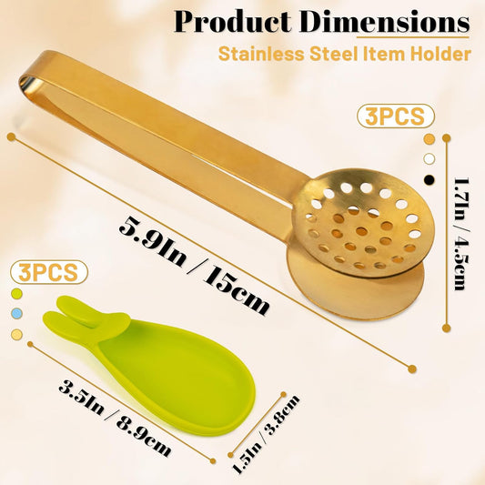 3 PCS Tea Bag Squeezer with 3 PCS Silicone Bunny Tea Bag Holders | 3 Colors Round Stainless Steel Teabag Strainer, Teabag Filter for Tea Drinkers Ice Cubes Kitchen Home