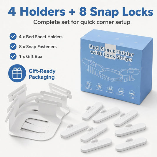 Bed Sheet Holders for Corners, 4 Pack Fitted Sheet Grippers with 8 Locks