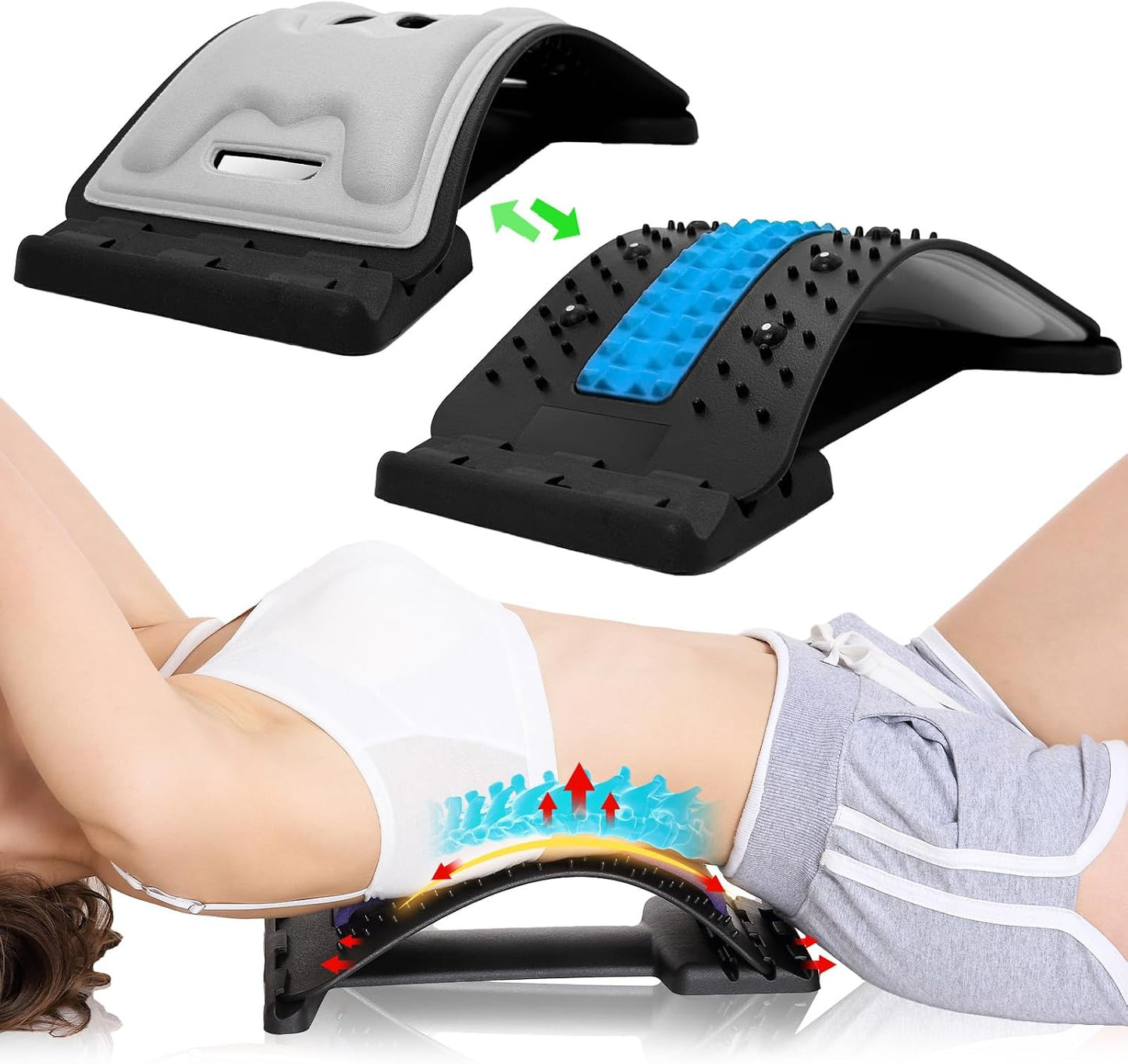 Back Stretcher with Lumbar Support for Back Pain Relief - Dual-Sided 3-Level Adjustable Spinal Decompression lumbar board (Blue)