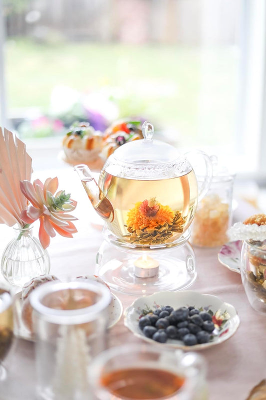 Teabloom Prague Glass Tea Maker & Warmer Set – Large Capacity (45 oz) – Heatproof Borosilicate Glass Teapot with Removable Stainless Steel Loose Tea Infuser – Stovetop Safe Kettle