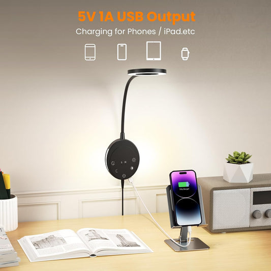 Wall Mounted Reading Light, Bedside Headboard Lights with 5 Color Temperature & 5 Dimming, 360 Flexible Gooseneck, USB Output, Night Light & Timer Function - Perfect for Reading (Black)