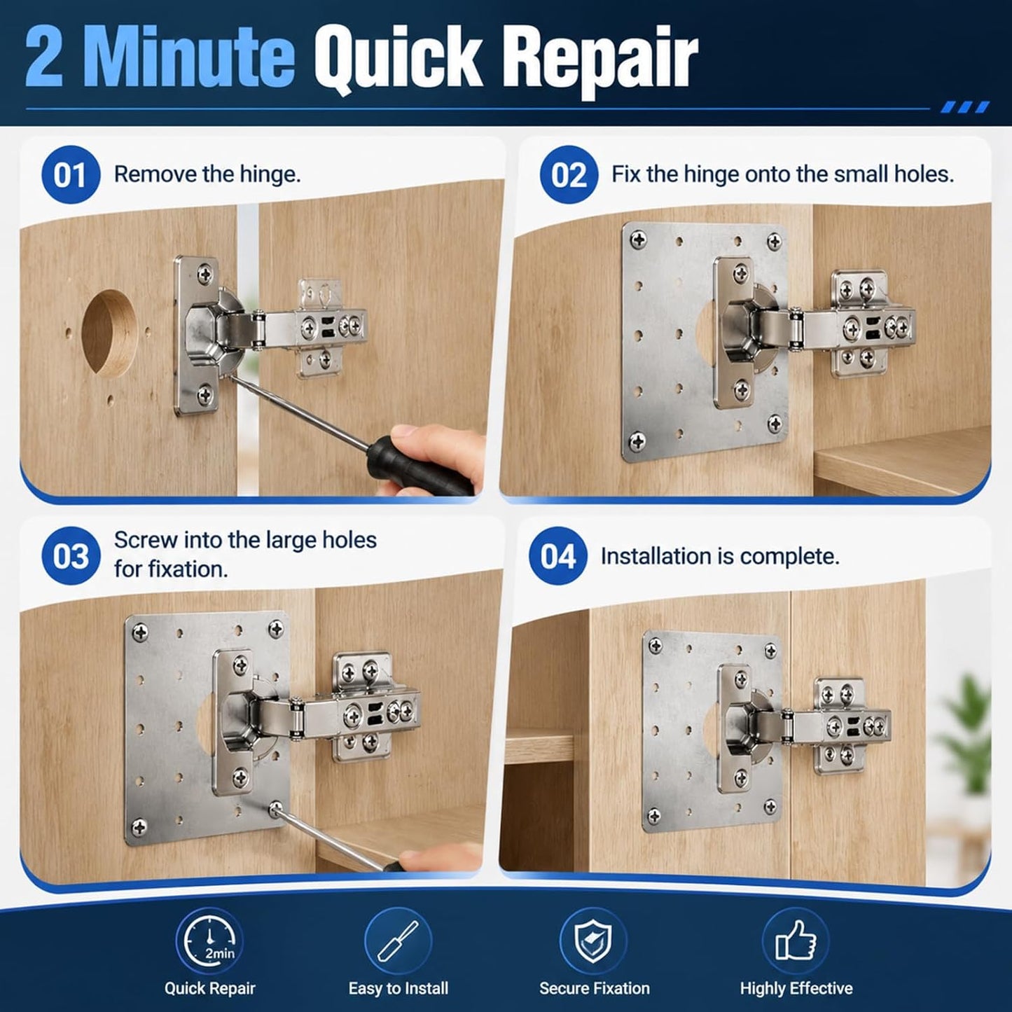 40 Cabinet Hinge Repair Plate Kit, Door Hinge Mounting Plate&Screws | Durable Stainless Steel Large Cabinet Fix Board for Kitchen Cabinet, Cupboard Doors and Furniture