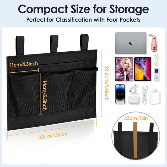 Bedside Caddy Storage Organizer, Hanging Storage Bag Pocket | Bunk/Hospital Beds, College Dorm Organizer for Remotes Phone,College Dorm,Camp,Bed Rails(4 Pockets),Black