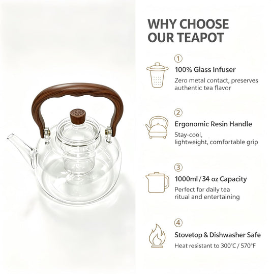 Glass Teapot, 1000ml Borosilicate Stovetop Safe Tea Kettle | Lead-Free Borosilicate Glass, Removable Stainless Infuser, Safe For Gas & Ceramic cooker, Ideal For Loose Leaf Tea
