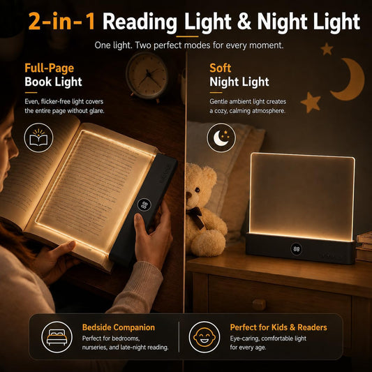 2 in 1 Smart LED Book Light & Night Light, with 3 Colors, Stepless Dimming | Rechargeable Clear Full Page Reading Light with Timer, Eye-Friendly Gifts for Readers, Students, Seniors & Book Lovers, Black