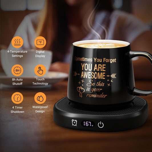 Coffee Mug Warmer & You are Awesome Mug Set, Electric Cup Warmer for Desk | Beverage Warmer Plate for Coffee,Tea,4 Temperature Setting,8-Hours Auto Shut Off,14oz Mug with Spoon & Lid Included