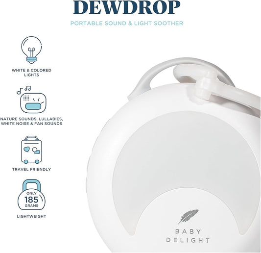 Baby Delight Dewdrop White Noise Sound Machine | Portable Travel Nightlight | 30 Sleep Sounds | Lullabies, Nature Sounds, White Noise & More | 8 Light Colors | Voice Recorder | Rechargeable