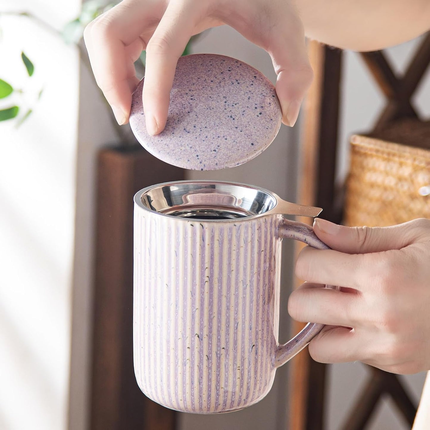 Yundu 15.5oz/470ml Flambe Purple Ceramics Teacups with Infuser and Lid, Loose Leaf Tea Cup