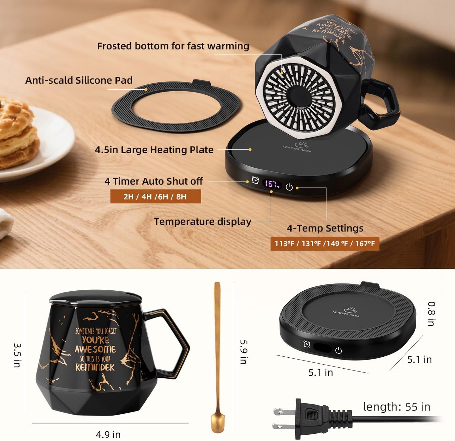 Coffee Mug Warmer Set Smart Heated Electric Tea Coffee Cup Warmer for Desk | Coffee Warmer with Mug Set, Beverage Candle Heater, 4 Temperature Control 8 Hours Auto Shut Off, Coffee Gifts for Men Office