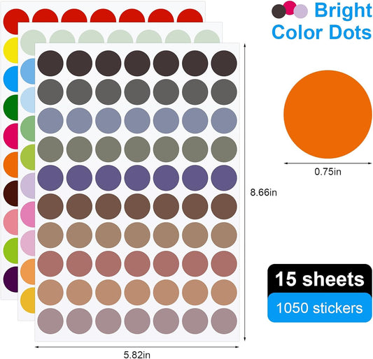 1050 Pcs Dot Stickers 3/4 Inch Colored Dot Stickers 30 Color Circle Coding Labels Price Labels, for Office, Classroom Decor, Papers, Home DIY