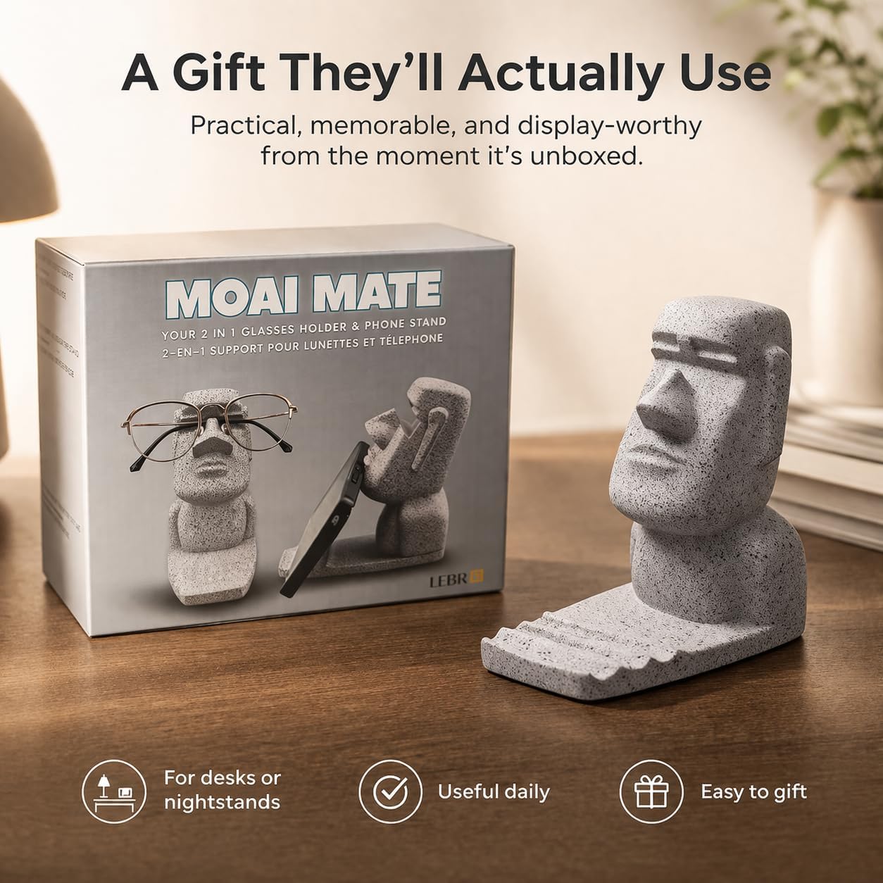 Glasses Holder for Nightstand, Funny Moai Glasses Stand and Phone Holder