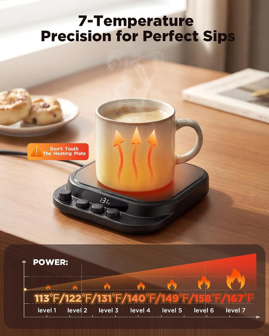 Coffee Mug Warmer for Desk with 7 Temperature Settings, 1–12 Hour Timer, Gravity Sensor and Auto Shutoff, Cup and Candle Warmer for Coffee, Tea and Milk, Black