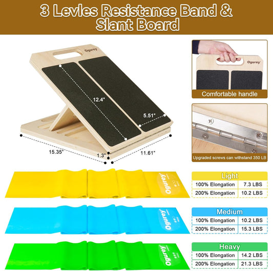 4 Pieces Slant Board with Exercise Bands, Premium Calf Stretch Board, Portable Adjustable Slant Board for Calf Stretching, 350LB Weight Capacity Calf Ankle Achilles Physical Therapy Leg Exercisers