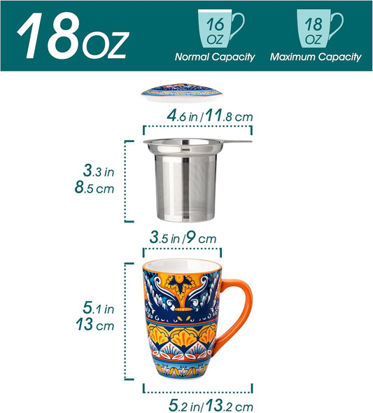 vancasso 18 Oz Tea Infuser Mug with Lid, Mint Petal Whirl | Eye-Catching Bohemian Pattern, Adds Charm to Any Tea Corner, Ceramic Mug with Infuser, Microwave and Dishwasher Safe