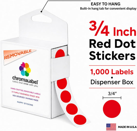 ChromaLabel Sticker Dots, 3/4 Inch Round Red Labels - 1000 Removable Stickers per Dispenser Box, Ideal for Arts & Crafts - Color Coding Labels