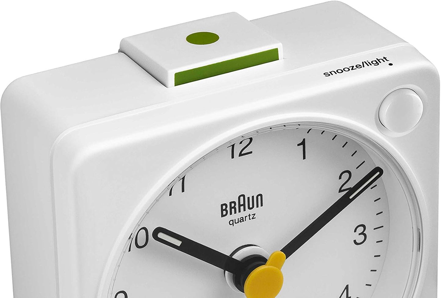Braun Classic Travel Analogue Alarm Clock with Snooze and Light, Compact Size, Quiet Quartz Movement, Crescendo Beep Alarm in White, Model BC02XW.