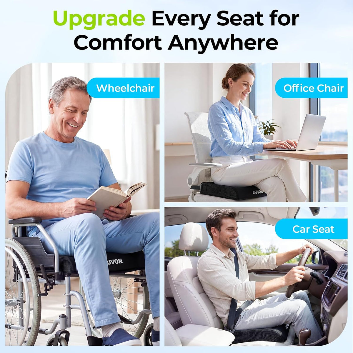 AUVON Gel Wheelchair Seat Cushion with Waterproof Cover for Pressure Sore & Ulcer, Ergonomic Chair Cushion with U-Cutout for Tailbone Pain, Back Pain Relief, Memory Foam Wheelchair Cushion, Anti-Slip