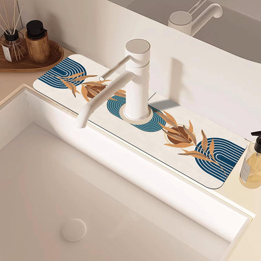 Abstract Blue Minimalistic Sink Faucet Absorbing Mat Sink Splash Guard Faucet Mat Draining Mat Fast Drying Sink Protectors for Kitchen and Bathroom 5.5"×15"