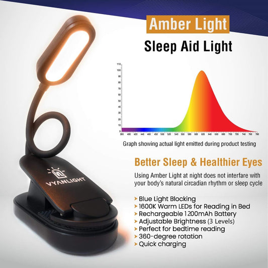 VYANLIGHT Book Light for Reading in Bed, Amber Color Reading Lamp with 360° Rotating Gooseneck, Rechargeable and Dimmable Warm Glow LED Clip-on Light, 1600K Eye Care Portable Light for Readers