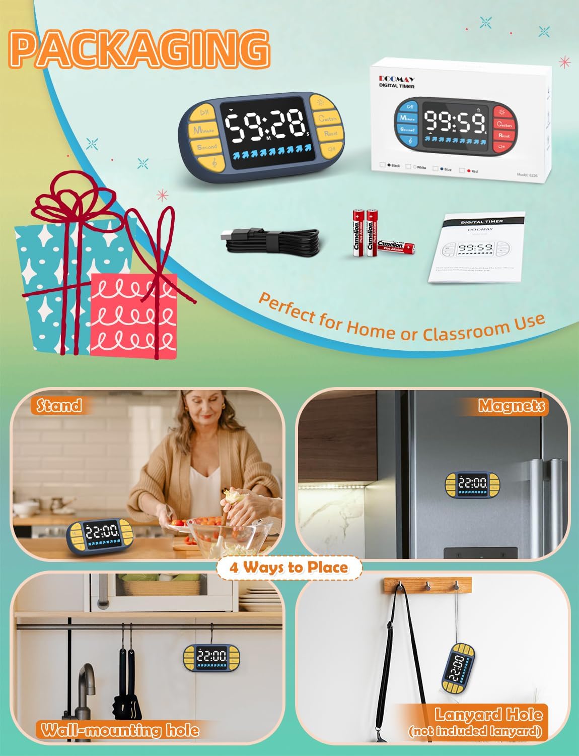 DOOMAY Magnetic Digital Kitchen Timer for Classroom Countdown