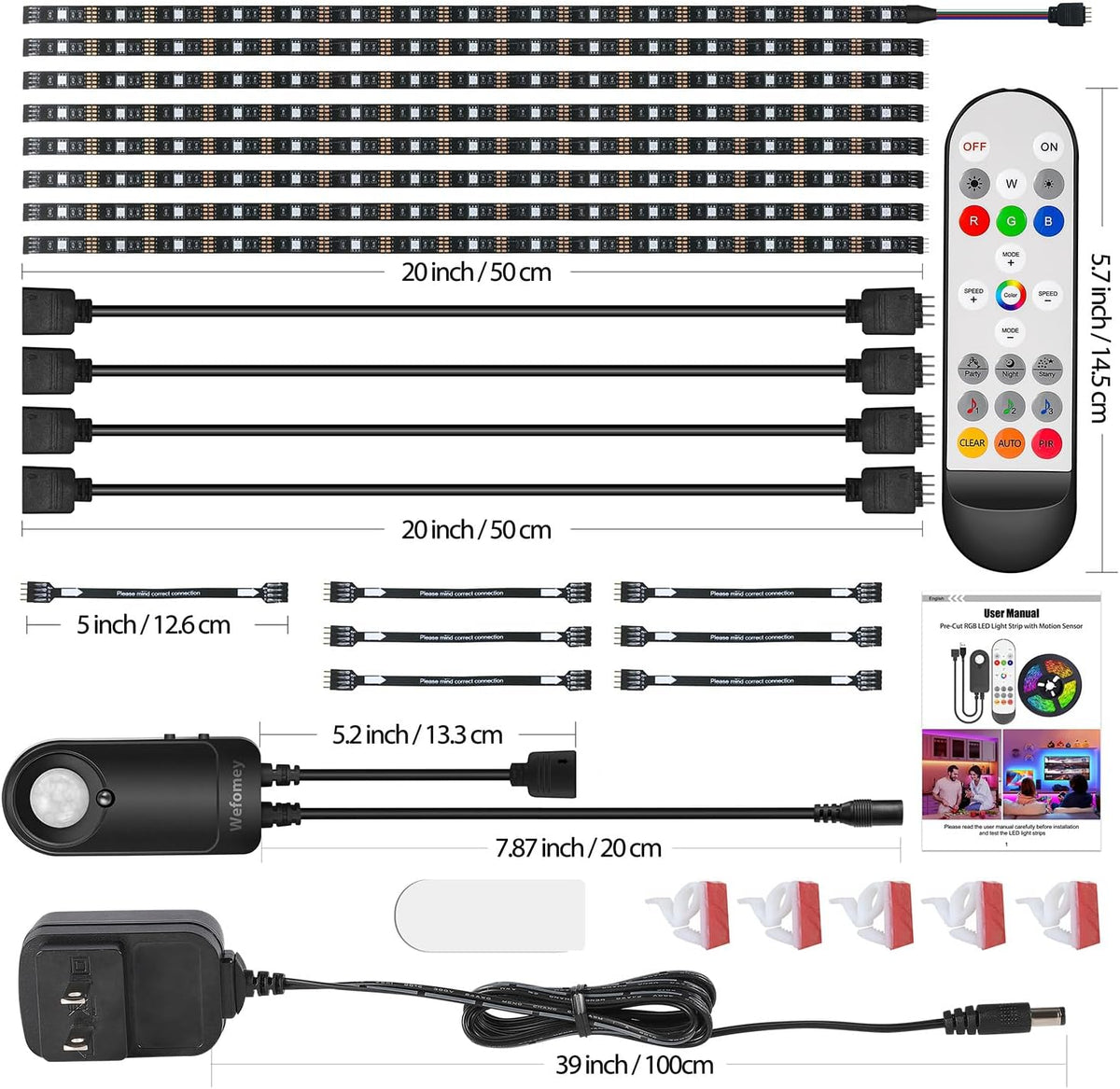 RGB Under Cabinet Lights with Motion Sensor, 6 Pre-Cut LED Strip Lights with Remote Control, Music Sync Color Changing Closet Lights, for Kitchen, Counter, Shelf, TV Backlight, Bookcase, 9.8ft