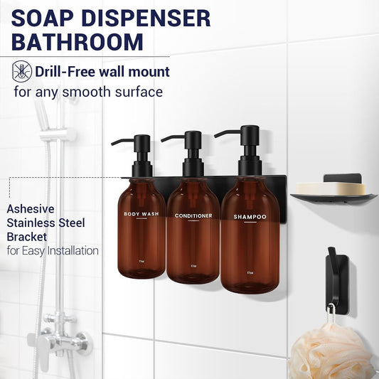 Shampoo Conditioner Body Wash Dispenser Bonus Soap Dish and Hook, Amber | 17 fl oz Set of 3 Amber Plastic Bottles with Black Pumps, Drill Free Adhesive Bathroom Organizer, Dorm Room Essentials