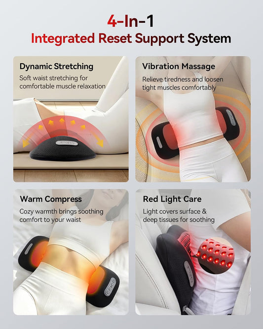 FliKEZE 4-in-1 Lumbar Massager with Red Light 650/850nm Cordless 5000mAh | Lumbar Support Pillow Lower Back Massager with Vibration, Airbag Traction & Heating for Back & Waist Comfort, FSA Eligible
