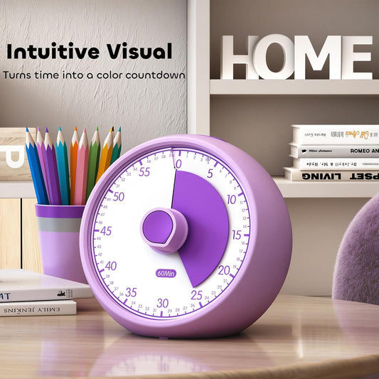 Visual Timer for Kids 60-Minute Countdown Timer with Optional Alarm, Focus Tool for ADHD & Autism, Time Management for Homework, Chores, Office, Kitchen, Teaching & Study Routines (Purple)