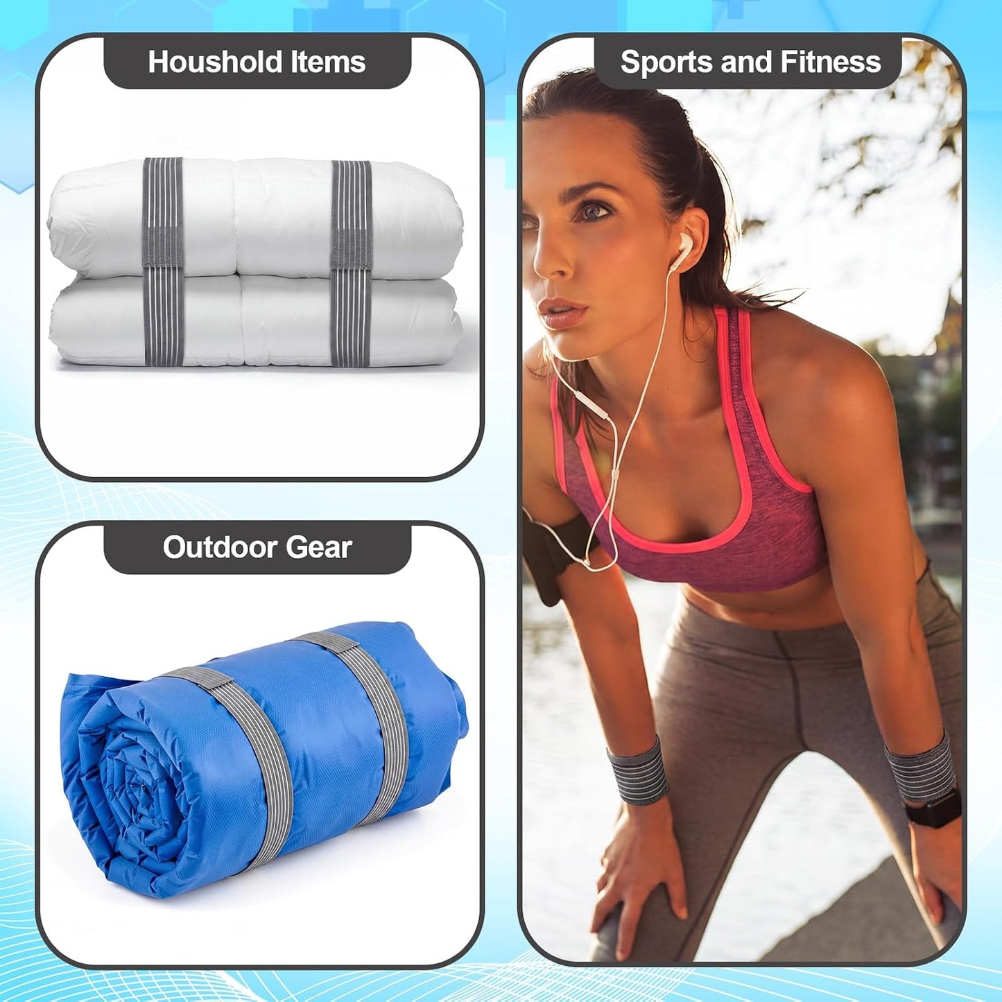 Geiserailie Ice Pack Strap Stretchable, 4 Size Elastic Reusable Ice Belt Extender, Adjustable Hook and Loop Extension Straps Add Length to Most Hot Cold Therapy (4 Pcs,Blue)