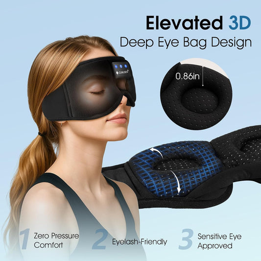 ZUMUSEN Bluetooth Sleep Headphones Mask with 3D Stereo Speakers | Wireless Ultra-Thin Music Eye Cover for Side Sleepers, Adjustable Strap for Travel, Meditation, Yoga, Naps, and Relaxation