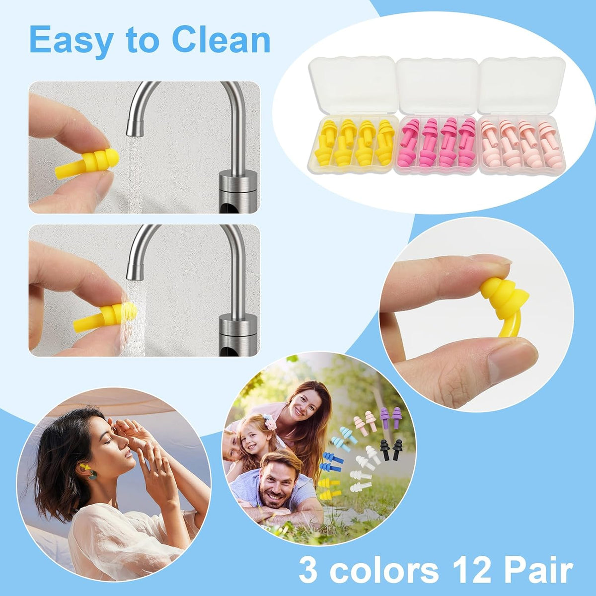 Ear Plugs for Sleeping,12 Pair Earplugs Noise Canceling Soft Silicone Ear Plug Reusable Earplugs for Sleep,Concert,Swimming,Study,Loud Noise,Snoring(Black Blue Purple)