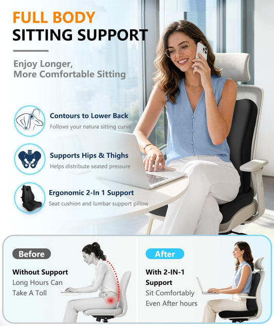 Lumbar Support Pillow & Seat Cushion for Office Chair, Memory Foam Office Chair Cushion for Tailbone Pain Relief and Lower Back Support, Ergonomic Desk Chair Cushion for Gaming,Wheelchair,Home
