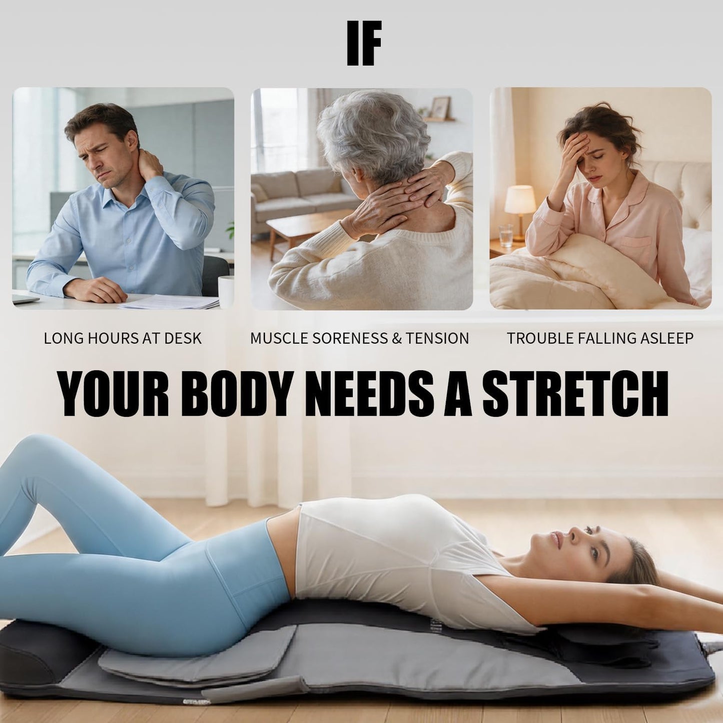 Full Body Stretching Massage Mat with Airbags | Body Discomfort Soothing & 3D Lumbar Stretch | Warm Care for Neck, Back, Waist, Hip | 7 Massage Modes, Portable & Foldable for Home Office Travel