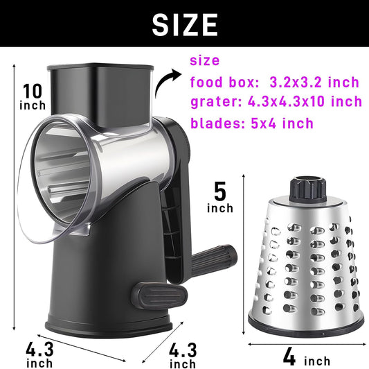 Weltonhm 4 in 1 Large Rotary Cheese Grater Hand Crank (black, 3 Graters) | Cheese Shredder Rotary and Slicer with 4 Stainless Steel Blades for Vegetables, Veggie and Cheese, Stronger Suction Base