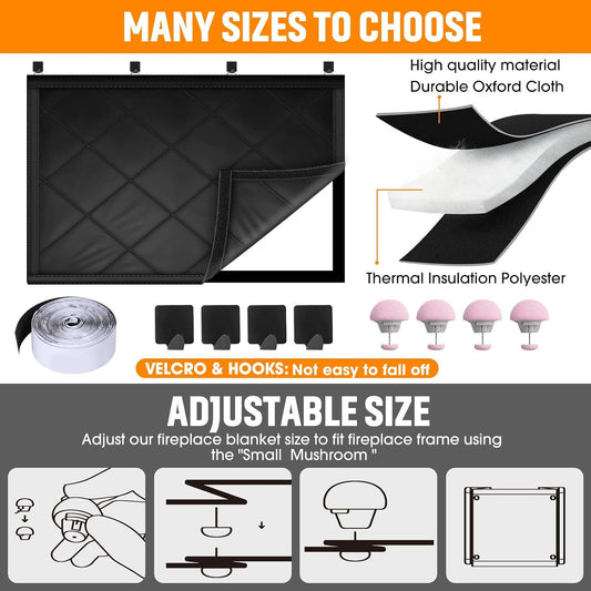 Fireplace Draft Cover, Fireplace Blocker Blanket with Hook and Loop Tapes, Indoor Fire Place Draft Stopper for Heat Loss Insulation Black 39" W x 32" H