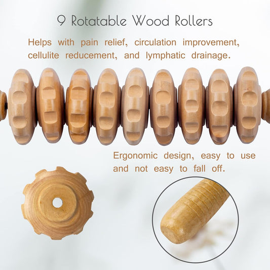 Wooden Massage Roller for Body Shaping, Wood Therapy Roller with 9 Rotating Rollers, Anti-Cellulite Body Sculpting Massage Tool for Muscle Relaxation