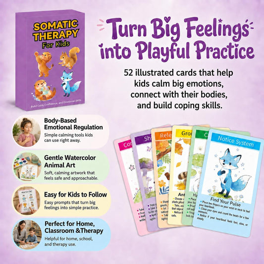 Somatic Therapy Cards for Kids, 52 Emotional Regulation Exercises Mindfulness, Calm, Focus & Coping Skills Therapy Tools for Home, School, Calm Down Corner Ages 5-12