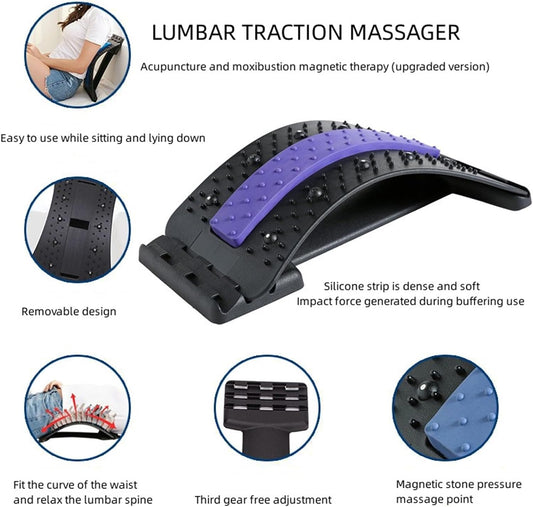 Lumbar Arc Shaped Traction Massager, Household Magnetic Therapy Back/Cervical/Lumbar Stretch Corrector, Back Relaxation&Pain Relief (Color : Black+Purple, Size : 38.5 * 16.8cm)