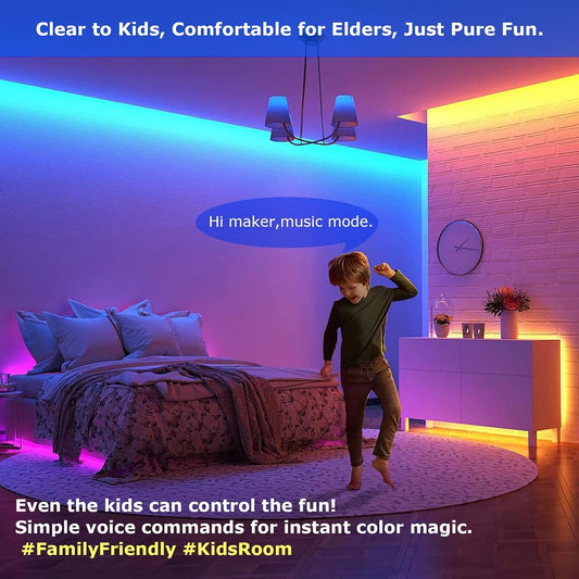 AI Voice Activated Under Bed Lights Strip,Indoor Kids Bedroom Night Lights RGBW, No App/Wifi Required, Dimmable Color Changing Strong Adhesive, Music Sync USB Powered 16.4ft for Kitchen Cabinet