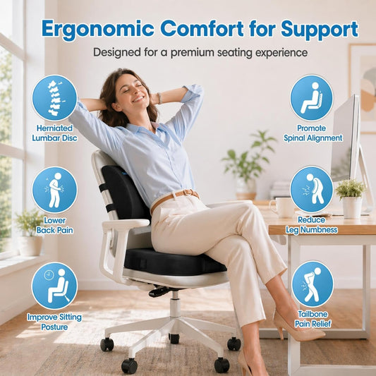 CloudBliss Ergonomic Seat Cushion & Lumbar Support Pillow Set, Black,Large | Back Pain & Sciatica Relief, Memory Foam Support, Adjustable Straps, Machine Washable Velvet, Perfect for Office, Car, Gaming