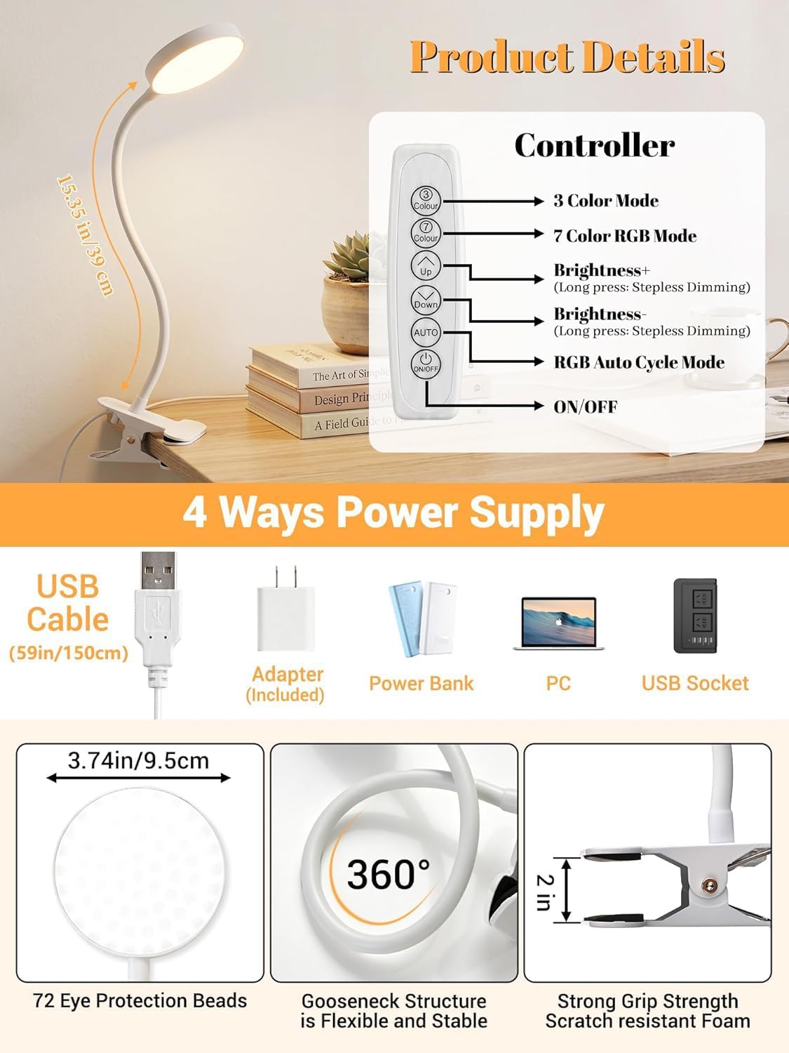 Clip on Light,10 Colors RGB Desk Lamp with Clamp,10 Dimmable Reading Lamp