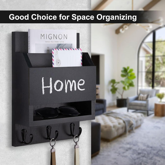 Key and Mail Holder for Wall with Chalkboard and Long Storage Box | Key Holder, Key Hanger with 3 Sturdy Hooks for Coat, Dog Leash, Entryway Mail Organizer