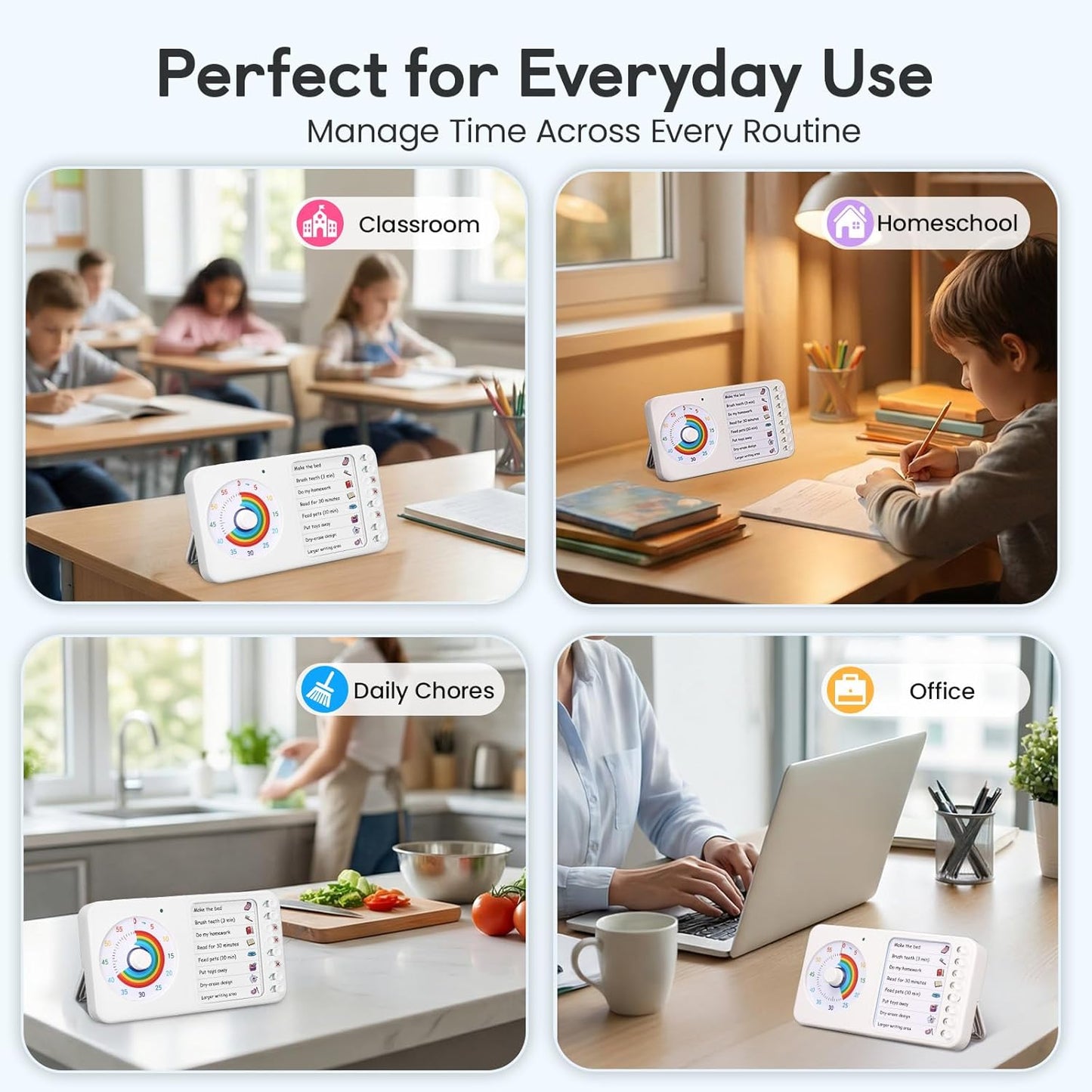 2-in-1 Visual Timer ADHD with Task Board, to-Do List, Checklist | Dry Erase Chore Chart and Visual Schedule for Kids ADHD, Rainbow Countdown Timer for Classroom, Home, Homeschool (White)