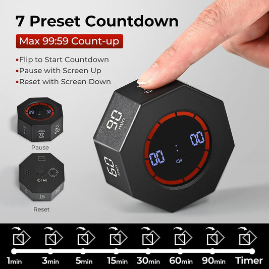 Rechargeable Pomodoro Timer, Small Gravity Timer (Space Gray) | Seven Preset Flip Times (1/3/5/15/30/60/90 min) and Count-Up Mode: Digital Kitchen Timer for Cooking, Work, and Study